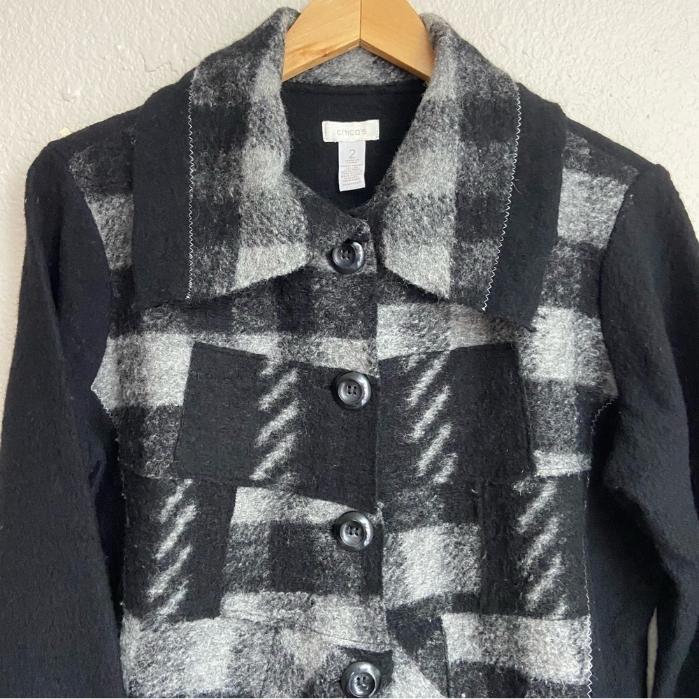 Vintage Chico's Wool Blend Button Jacket Blazer Size 2 Black Checkered - Picture 2 of 10